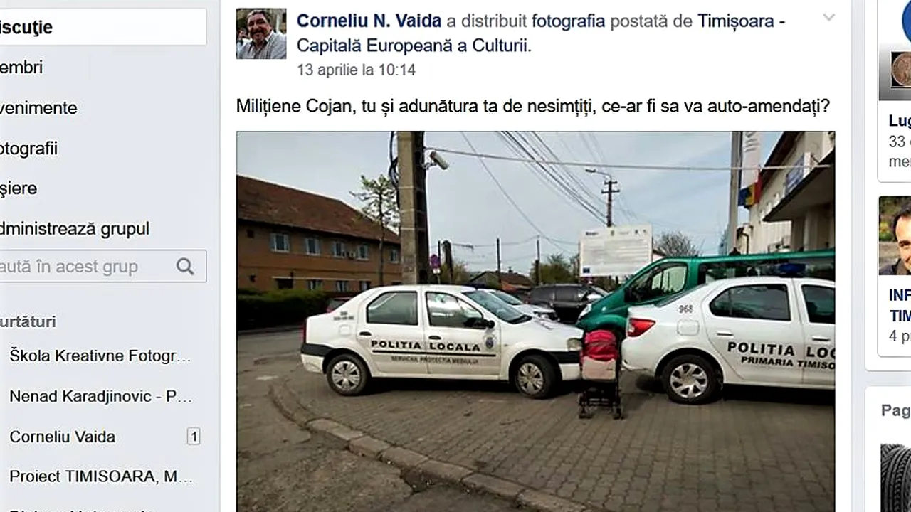 FOTO Timişoreanul care a distribuit poze cu maşini ale Poliţiei Locale parcate greşit, AMENDAT. Cât trebuie să achite bărbatul