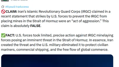 EXTERNE CENTCOM răspunde Iranului după atacul americanilor din Ormuz: „Iranul a creat amenințarea, iar armata SUA a eliminat-o”