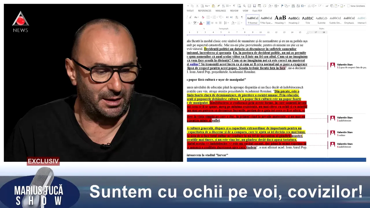 Video. Exclusiv la Marius Tucă Show, Valentin Stan despre punctul de vedere al Academiei Române privind educaţia online: ”îndobitocirea se realizează prin manipulare. Exact ce a spus şi Cristi Puiu