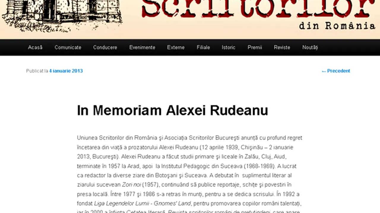 Scriitorul Alexei Rudeanu a decedat la vârsta de 73 de ani