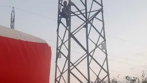 Bărbatul urcat pe un stâlp de înaltă tensiune, convins să coboare după 60 de ore