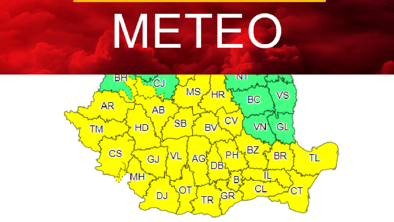 ANM. METEO, 26 mai: Cod galben de ploi, vijelii şi descărcări electrice în 31 de judeţe