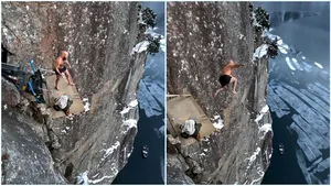 Scufundare record în fiordul norvegian: săritură pe burtă de la 40,5 metri

