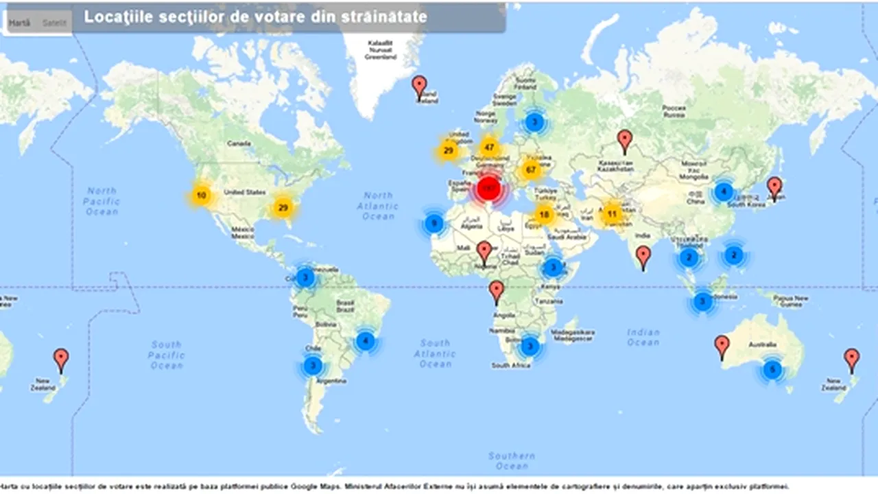 Alegeri parlamentare 2016. HARTĂ interactivă cu secţiile de votare în străinătate, dezvoltată pe Google Maps