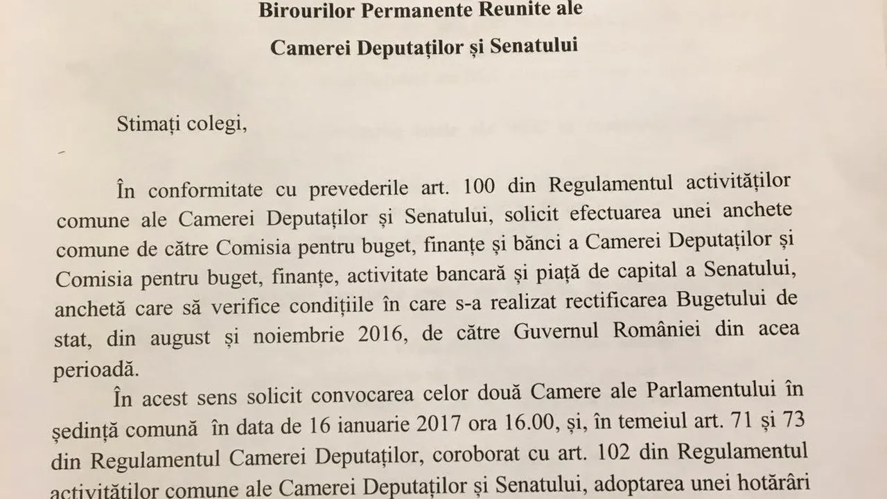 DOCUMENT Plen comun al Parlamentului, convocat pentru a încuviinţa anchetarea rectificărilor bugetare făcute de guvernul Cioloş/ PNL, USR şi PMP s-au opus înfiinţării comisiei