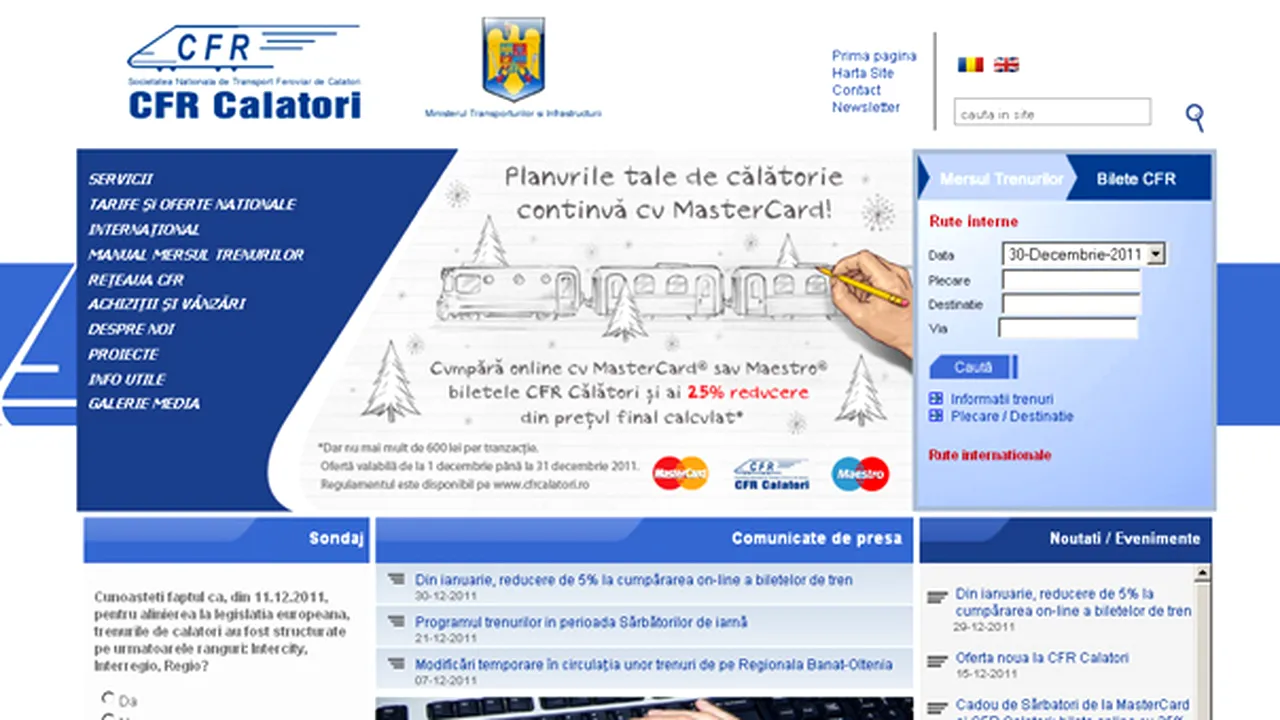 Reducere de 5% pentru biletele de tren cumpărate on-line de la CFR