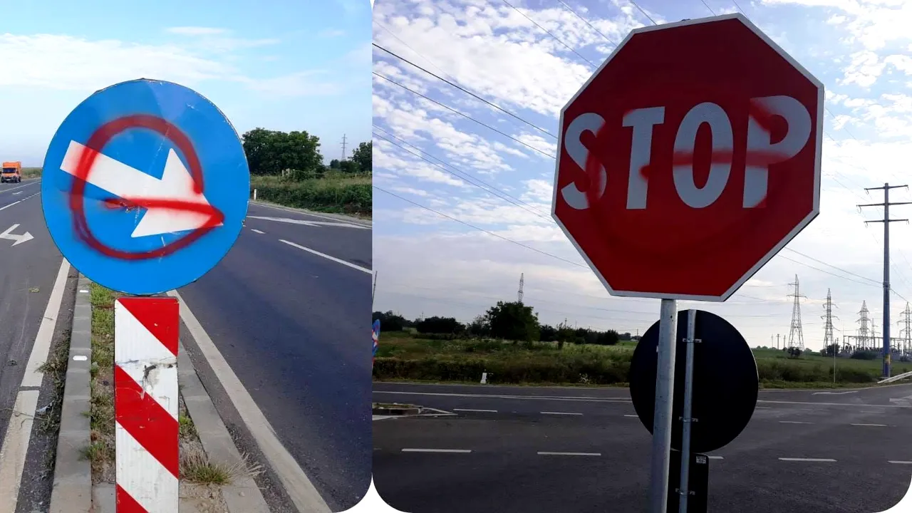 Indicatoarele rutiere de pe centura Caracalului, vandalizate. Ce pedepse riscă autorii mâzgălelilor