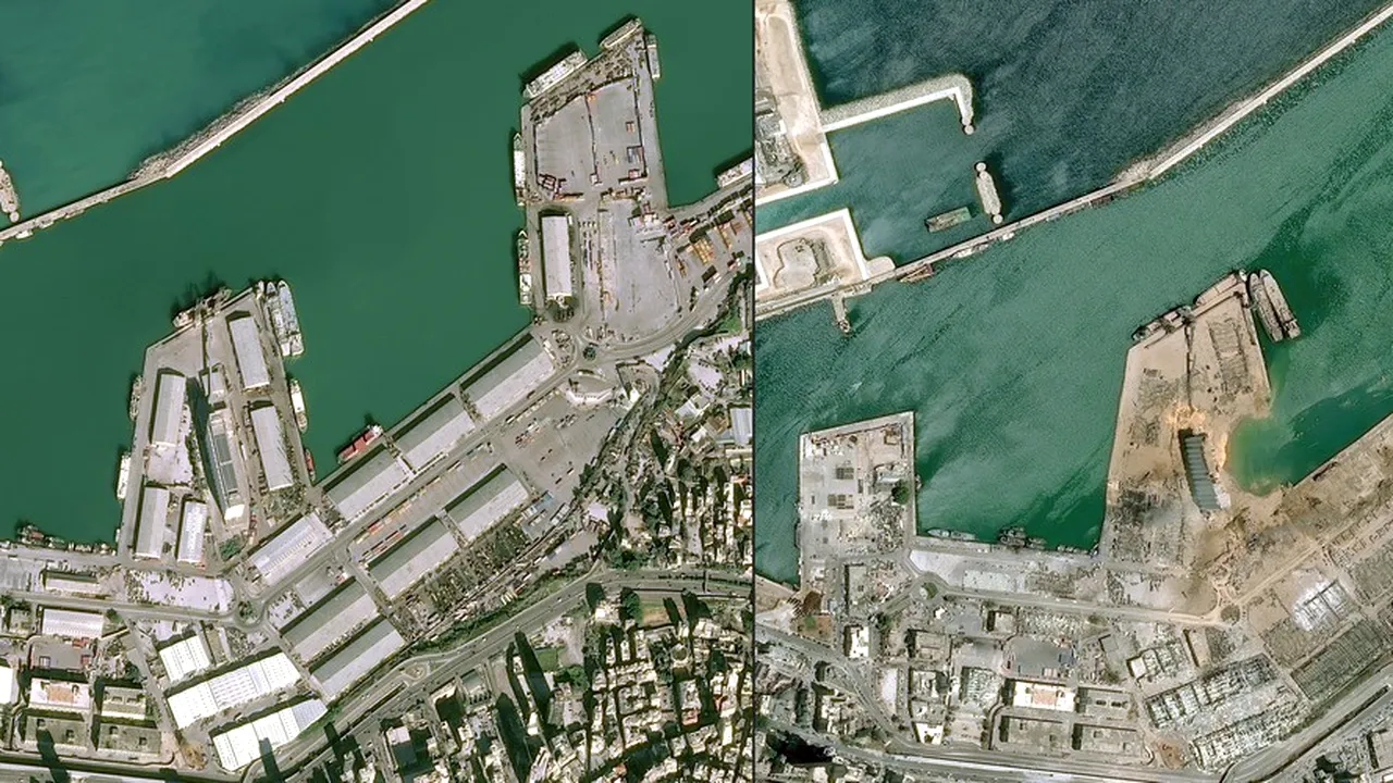 Imaginile din satelit arată amploarea dezastrului din Beirut: un crater uriaş s-a format în locul exploziilor