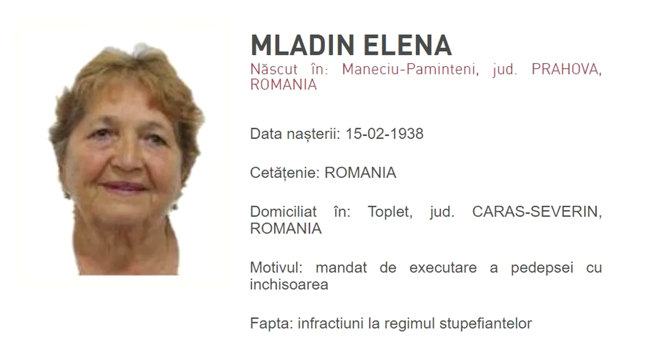 Cea mai în vârstă persoană data în urmărire din România: Elena Mladin de 82 de ani, condamnată pentru trafic de droguri 