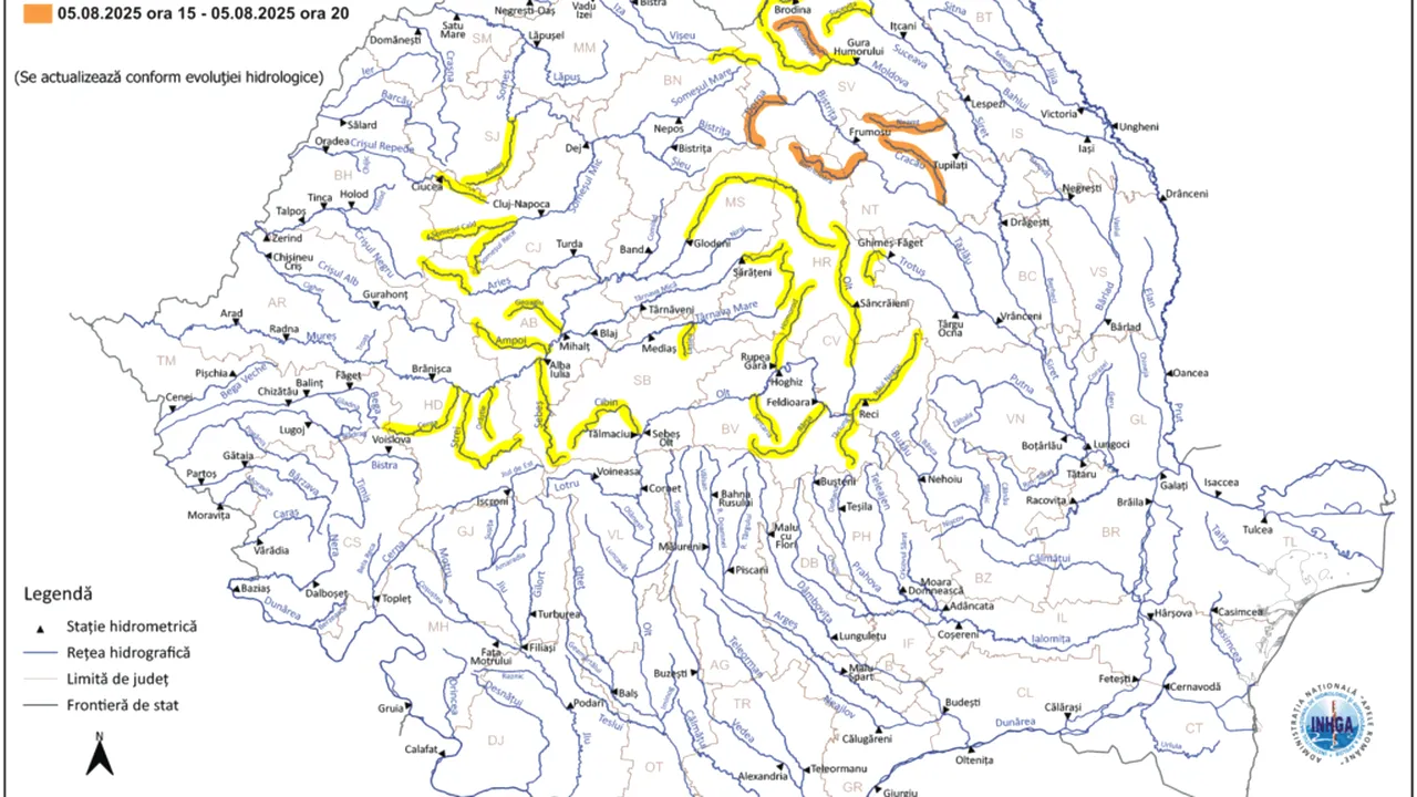 Avertismentul hidrologilor: Cod galben și portocaliu de inundații pe râuri din mai multe județe