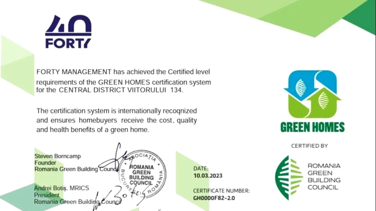 Forty Management a obţinut certificarea Green Homes din partea Consiliului pentru Clădiri Verzi