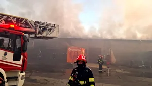 Incendiu puternic la o hală de depozitare din Timiş: intervin zeci de pompieri