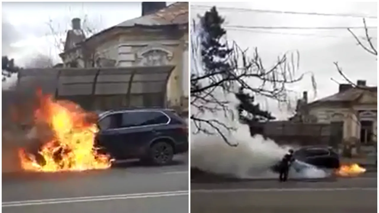 O maşină a izbucnit în flăcări pe o stradă din Iaşi. VIDEO